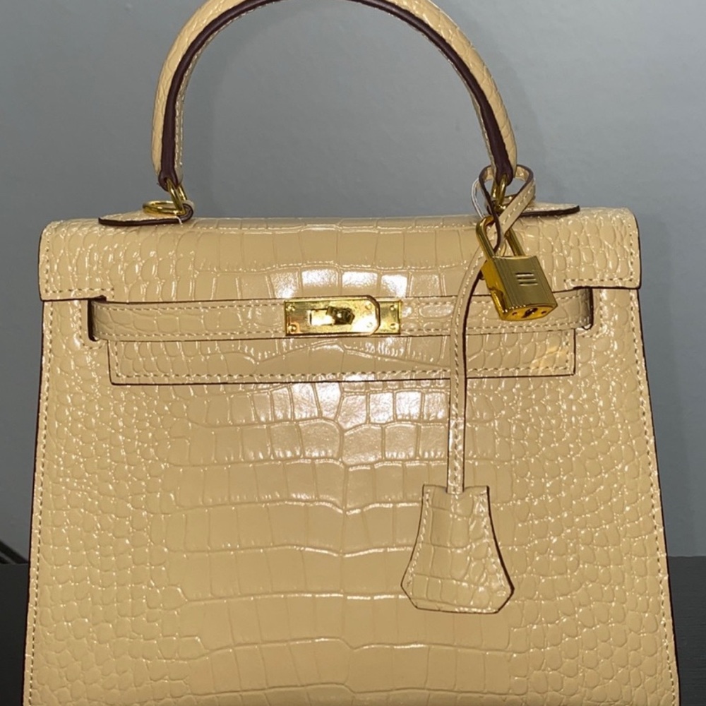 25cm beige tan crocodile leather top handle handbag